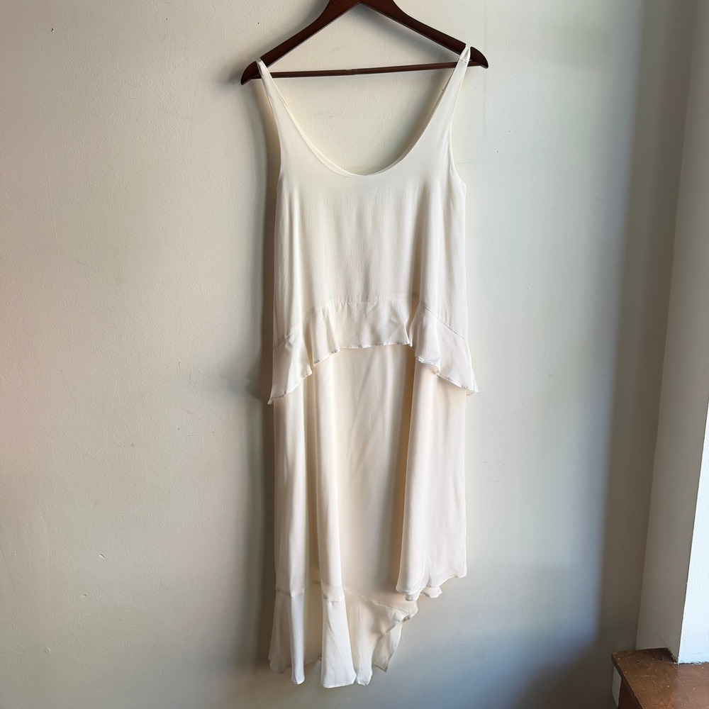 Catherine Gee Silk Tiered Ruffle Asymmetric Midi Dress Cream White XS NEW